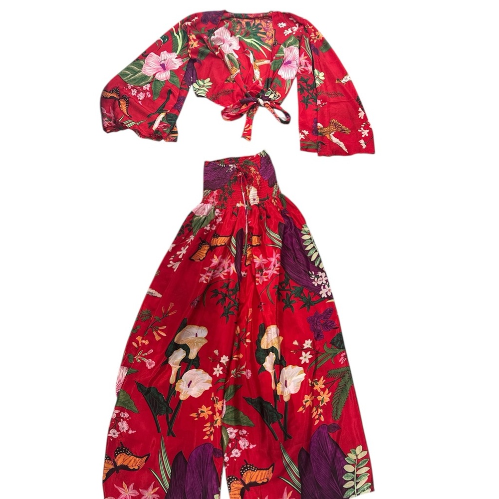 Floral Red Women's Jumpsuit Sz M silk/viscose